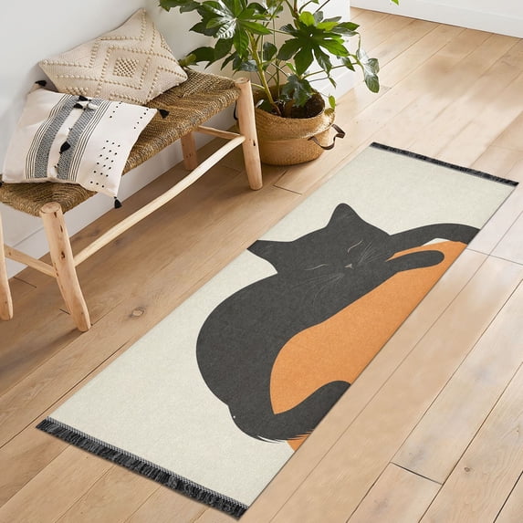 Yayeee Runner Rug for Bedroom 2'x6' Machine Washable Hallway Non Slip Mat, Sleeping Black Cat