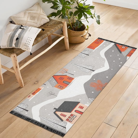 Yayeee Runner Rug for Bedroom 2'x6' Machine Washable Hallway Non Slip Mat, Snow Cartoon Houses