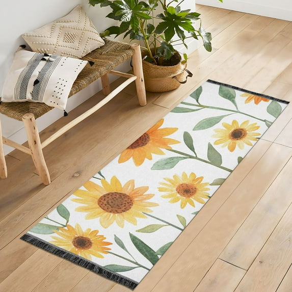 Yayeee Runner Rug for Bedroom 2'x6' Machine Washable Hallway Non Slip Mat, Sunflowers and Leaves Pattern