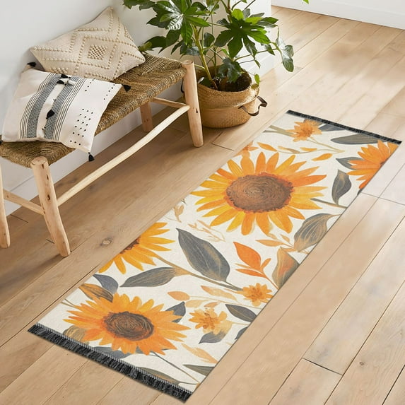 Yayeee Hallway Runner Rug 2'x6' Non Slip Machine Washable with Rubber Backing, Watercolor Sunflowers and Leaves