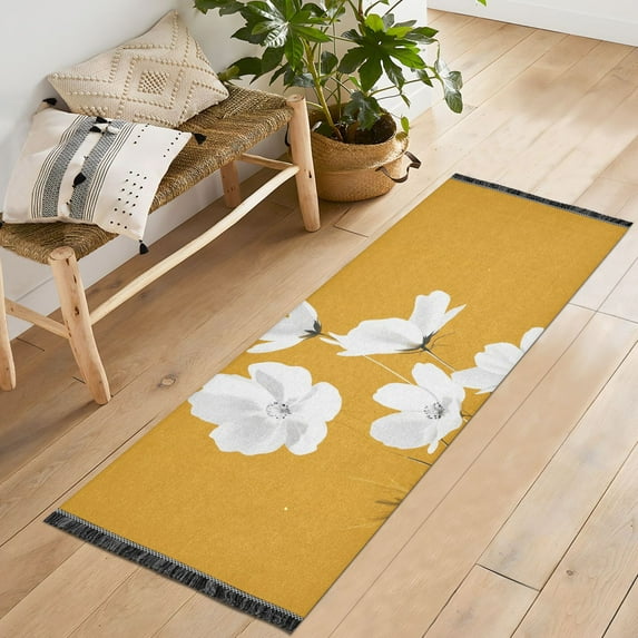 Yayeee Runner Rug for Bedroom 2'x6' Machine Washable Hallway Non Slip Mat, White Flowers