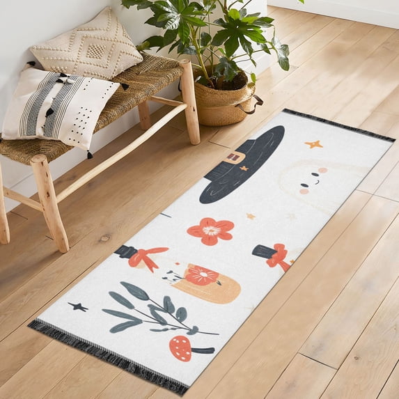 Yayeee Runner Rug for Bedroom 2'x6' Machine Washable Hallway Non Slip Mat, White Halloween Ghosts