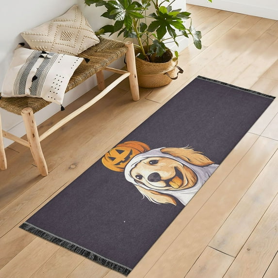 Yayeee Runner Rug for Bedroom 2'x6' Machine Washable Hallway Non Slip Mat, Yellow Halloween Dog