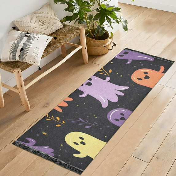 Yayeee Runner Rug for Bedroom 2'x6' Machine Washable Hallway Non Slip Mat, Yellow Halloween Ghosts