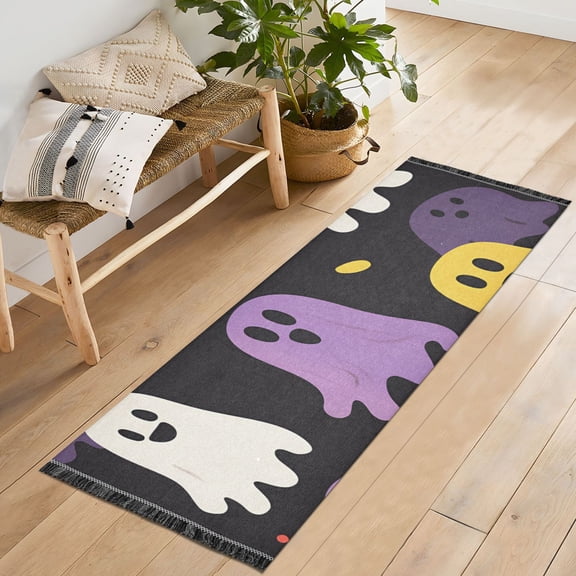 Yayeee Runner Rug for Bedroom 2'x6' Machine Washable Hallway Non Slip Mat, Yellow Halloween Ghosts