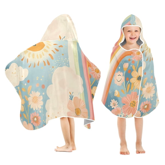 Yayeee Kids Hooded Towels Toddler Soft Absorbent Beach Bathing Wrap 50" x 23.5", Beige Rainbow Clouds