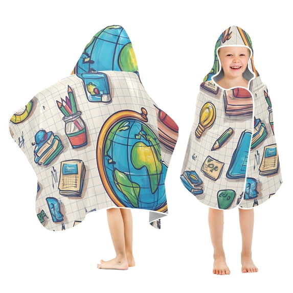 Yayeee Kids Hooded Towels Toddler Soft Absorbent Beach Bathing Wrap 50" x 23.5", Beige School
