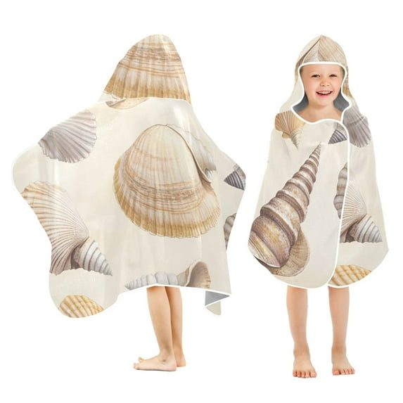 Yayeee Kids Hooded Towels Toddler Soft Absorbent Beach Bathing Wrap 50" x 23.5", Beige Watercolor Seashells