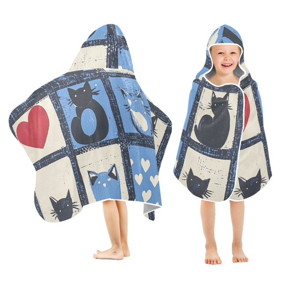 Yayeee Kids Hooded Towels Toddler Soft Absorbent Beach Bathing Wrap 50" x 23.5", Black Cats and Hearts