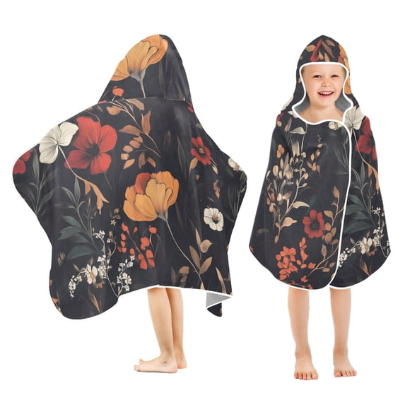 Yayeee Kids Hooded Towels Toddler Soft Absorbent Beach Bathing Wrap 50" x 23.5", Black Floral Pattern