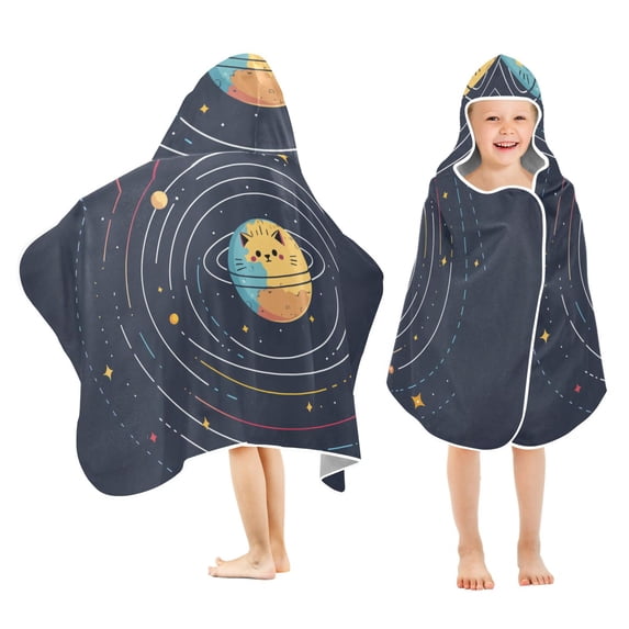 Yayeee Kids Hooded Towels Toddler Soft Absorbent Beach Bathing Wrap 50" x 23.5", Cat Planet