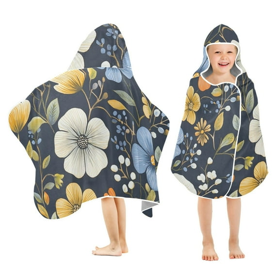 Yayeee Kids Hooded Towels Toddler Soft Absorbent Beach Bathing Wrap 50" x 23.5", Navy Floral Pattern