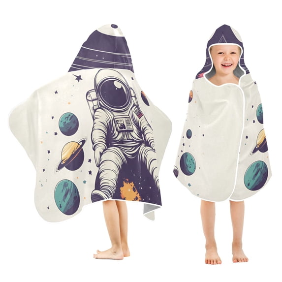Yayeee Kids Hooded Towels Toddler Soft Absorbent Beach Bathing Wrap 50" x 23.5", Orange Astronaut Planet