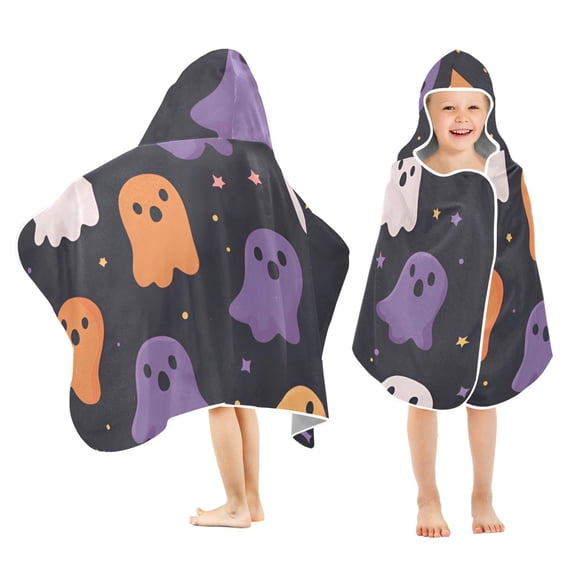Yayeee Kids Hooded Towels Toddler Soft Absorbent Beach Bathing Wrap 50" x 23.5", Orange Halloween Ghosts