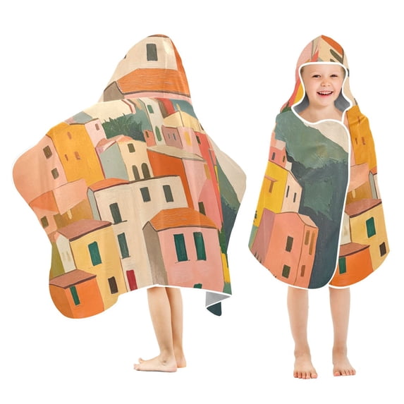 Yayeee Kids Hooded Towels Toddler Soft Absorbent Beach Bathing Wrap 50" x 23.5", Pink Cityscape Painting