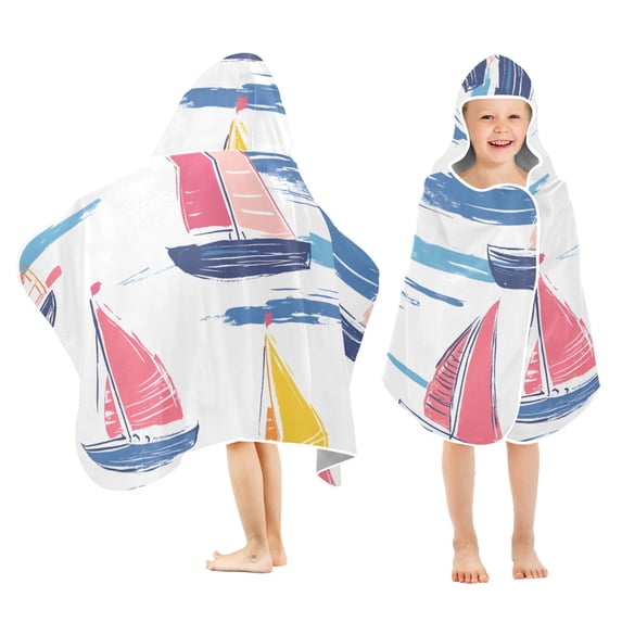 Yayeee Kids Hooded Towels Toddler Soft Absorbent Beach Bathing Wrap 50" x 23.5", Pink Hand Drawn Sailboats
