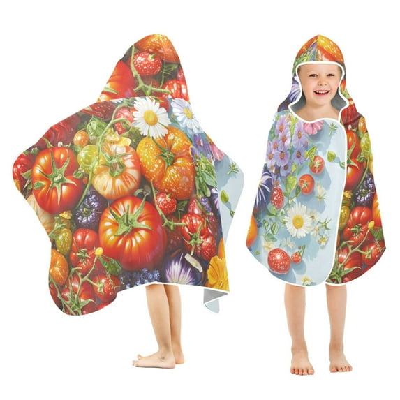 Yayeee Kids Hooded Towels Toddler Soft Absorbent Beach Bathing Wrap 50" x 23.5", Purple Floral Tomatoes