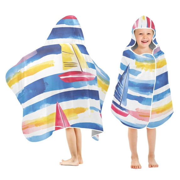 Yayeee Kids Hooded Towels Toddler Soft Absorbent Beach Bathing Wrap 50" x 23.5", Red Hand Drawn Sailboats