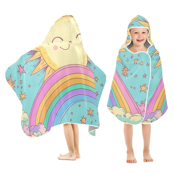 Yayeee Kids Hooded Towels Toddler Soft Absorbent Beach Bathing Wrap 50" x 23.5", Retro Blue Rainbow