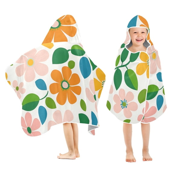 Yayeee Kids Hooded Towels Toddler Soft Absorbent Beach Bathing Wrap 50" x 23.5", Retro Orange Floral