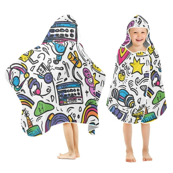 Yayeee Kids Hooded Towels Toddler Soft Absorbent Beach Bathing Wrap 50" x 23.5", White Doodle Pattern