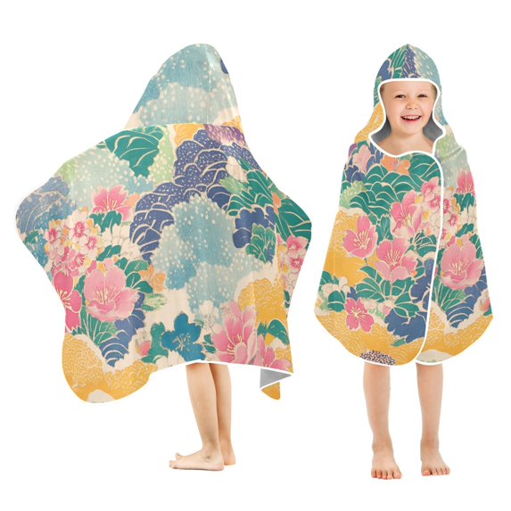 Yayeee Kids Hooded Towels Toddler Soft Absorbent Beach Bathing Wrap 50" x 23.5", Yellow Floral Wave