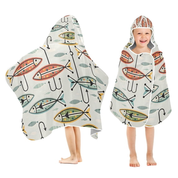 Yayeee Kids Hooded Towel with Hand Pockets Beach Soft Absorbent Bath Wrap 50 x 23.5 inch, Abstract Fish Pattern