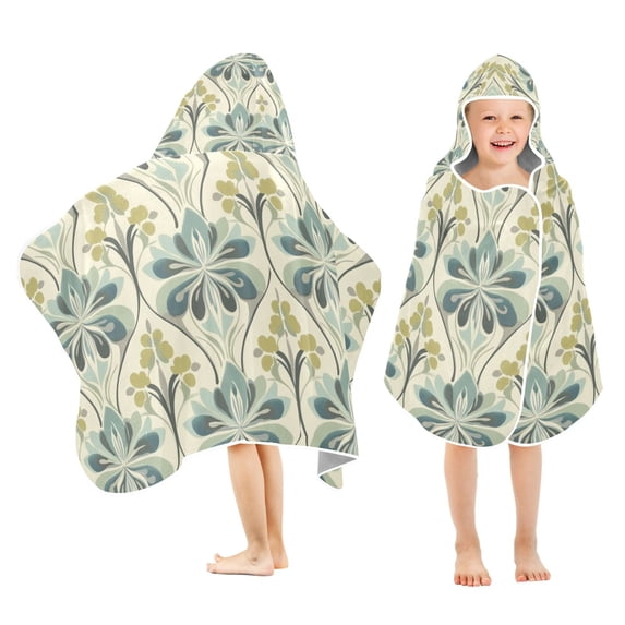 Yayeee Kids Hooded Towel with Hand Pockets Beach Soft Absorbent Bath Wrap 50 x 23.5 inch, Beige Floral Pattern