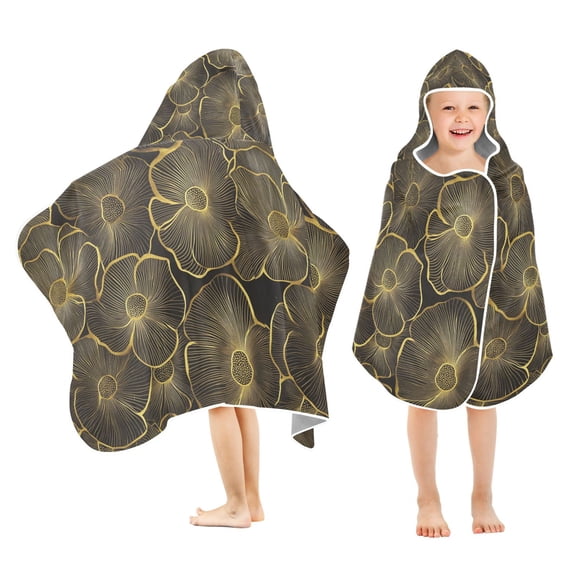 Yayeee Kids Hooded Towel with Hand Pockets Beach Soft Absorbent Bath Wrap 50 x 23.5 inch, Black Flower Pattern