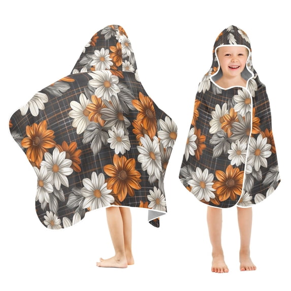 Yayeee Kids Hooded Towel with Hand Pockets Beach Soft Absorbent Bath Wrap 50 x 23.5 inch, Black Plaid Floral