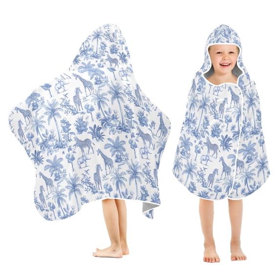 Yayeee Kids Hooded Towel with Hand Pockets Beach Soft Absorbent Bath Wrap 50 x 23.5 inch, Blue Animals Pattern