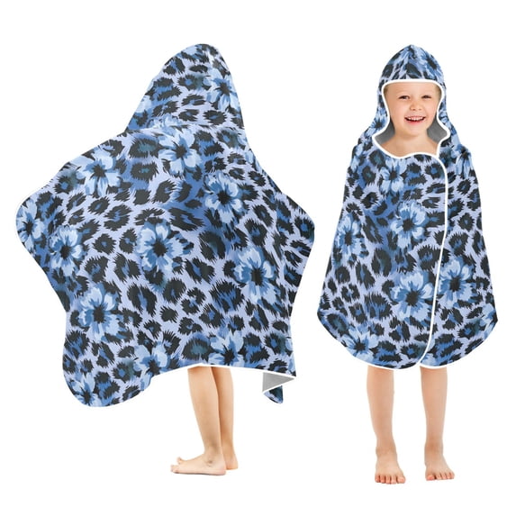 Yayeee Kids Hooded Towel with Hand Pockets Beach Soft Absorbent Bath Wrap 50 x 23.5 inch, Blue Floral Leopard Pattern