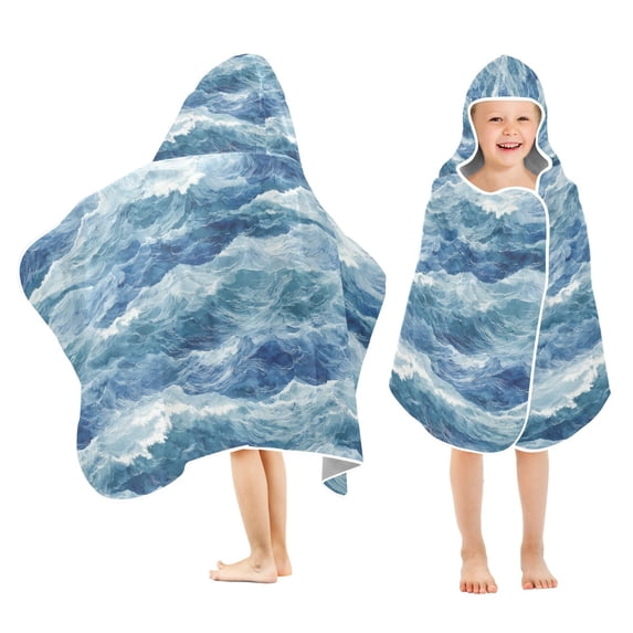 Yayeee Kids Hooded Towel with Hand Pockets Beach Soft Absorbent Bath Wrap 50 x 23.5 inch, Blue Watercolor Ocean Waves