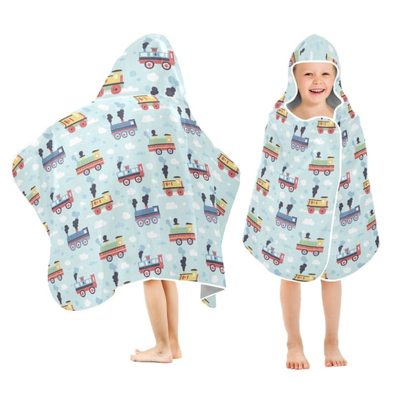 Yayeee Kids Hooded Towel with Hand Pockets Beach Soft Absorbent Bath Wrap 50 x 23.5 inch, Colorful Trains