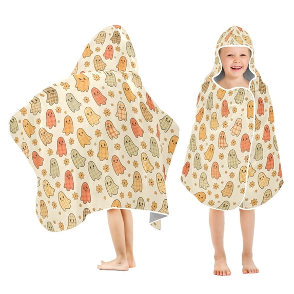 Yayeee Kids Hooded Towel with Hand Pockets Beach Soft Absorbent Bath Wrap 50 x 23.5 inch, Cute Cartoon Ghost Pattern