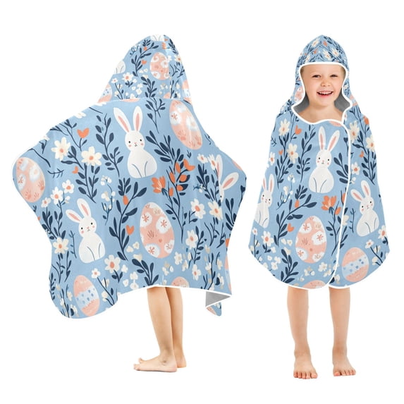 Yayeee Kids Hooded Towel with Hand Pockets Beach Soft Absorbent Bath Wrap 50 x 23.5 inch, Floral Easter Rabbits