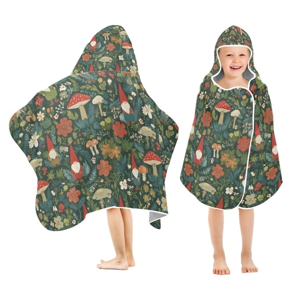 Yayeee Kids Hooded Towel with Hand Pockets Beach Soft Absorbent Bath Wrap 50 x 23.5 inch, Forest Mushroom Pattern