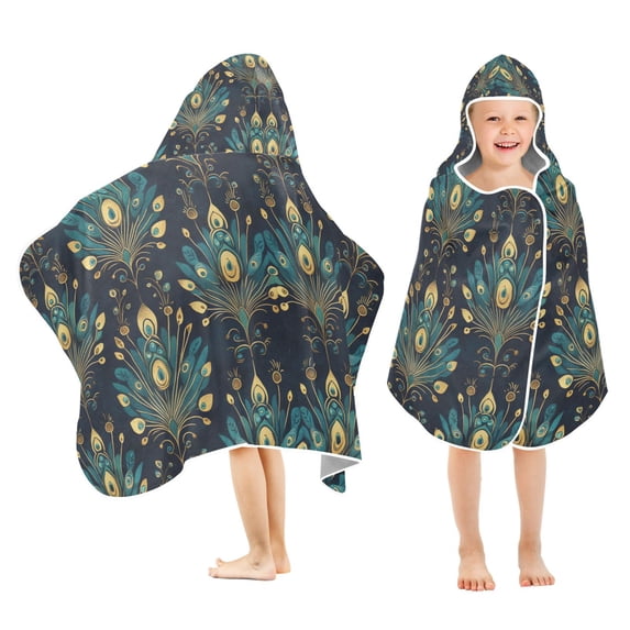Yayeee Kids Hooded Towel with Hand Pockets Beach Soft Absorbent Bath Wrap 50 x 23.5 inch, Gold Peacock Pattern