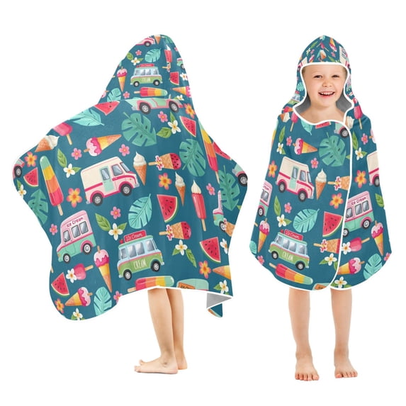 Yayeee Kids Hooded Towel with Hand Pockets Beach Soft Absorbent Bath Wrap 50 x 23.5 inch, Green Cartoon Truck Pattern