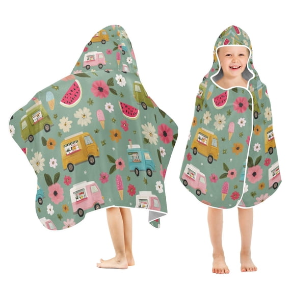 Yayeee Kids Hooded Towel with Hand Pockets Beach Soft Absorbent Bath Wrap 50 x 23.5 inch, Green Cartoon Trucks Pattern