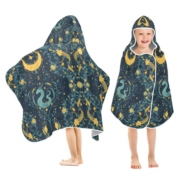 Yayeee Kids Hooded Towel with Hand Pockets Beach Soft Absorbent Bath Wrap 50 x 23.5 inch, Green Dragon Flowers