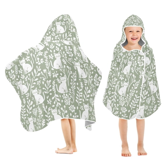 Yayeee Kids Hooded Towel with Hand Pockets Beach Soft Absorbent Bath Wrap 50 x 23.5 inch, Green Floral Cat Pattern