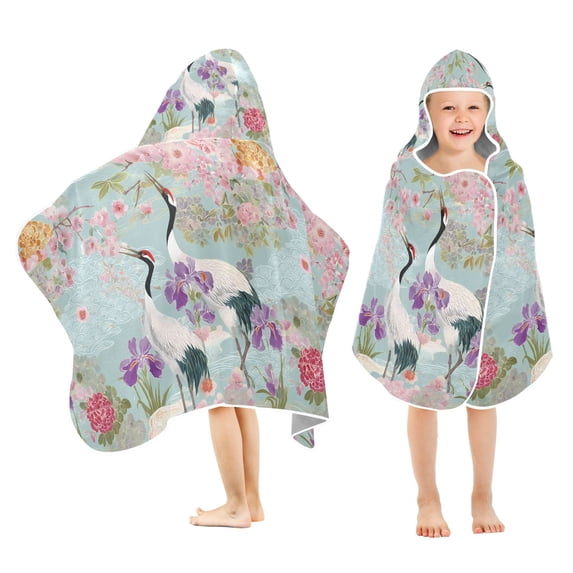 Yayeee Kids Hooded Towel with Hand Pockets Beach Soft Absorbent Bath Wrap 50 x 23.5 inch, Green Floral Cranes Pattern
