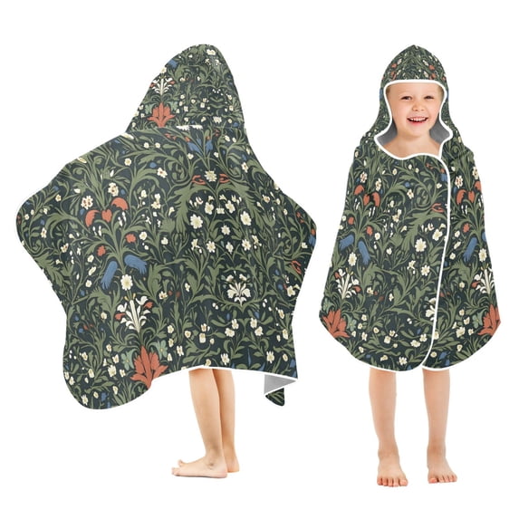 Yayeee Kids Hooded Towel with Hand Pockets Beach Soft Absorbent Bath Wrap 50 x 23.5 inch, Green Flowers Pattern