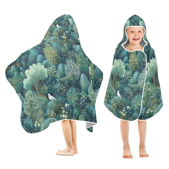 Yayeee Kids Hooded Towel with Hand Pockets Beach Soft Absorbent Bath Wrap 50 x 23.5 inch, Green Forest Pattern