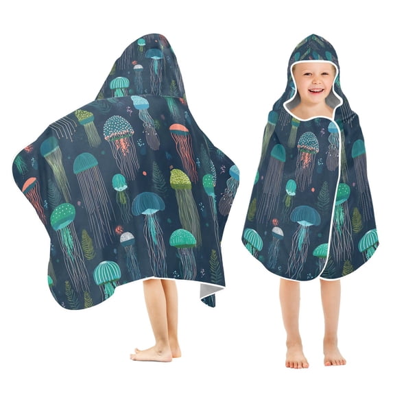 Yayeee Kids Hooded Towel with Hand Pockets Beach Soft Absorbent Bath Wrap 50 x 23.5 inch, Green Jellyfish Pattern