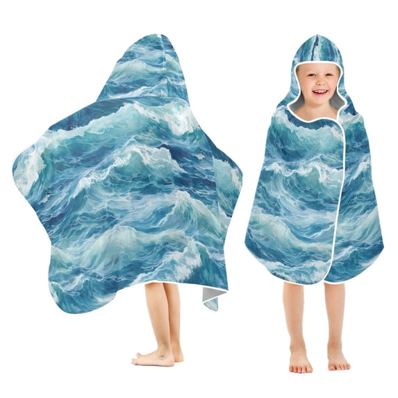 Yayeee Kids Hooded Towel with Hand Pockets Beach Soft Absorbent Bath Wrap 50 x 23.5 inch, Green Watercolor Ocean Waves