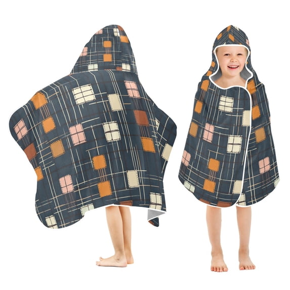 Yayeee Kids Hooded Towel with Hand Pockets Beach Soft Absorbent Bath Wrap 50 x 23.5 inch, Orange Checkered Pattern