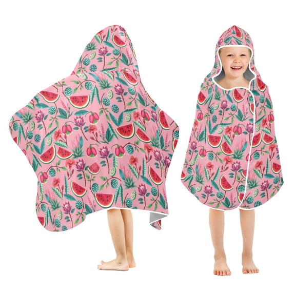 Yayeee Kids Hooded Towel with Hand Pockets Beach Soft Absorbent Bath Wrap 50 x 23.5 inch, Pink Tropical Pattern