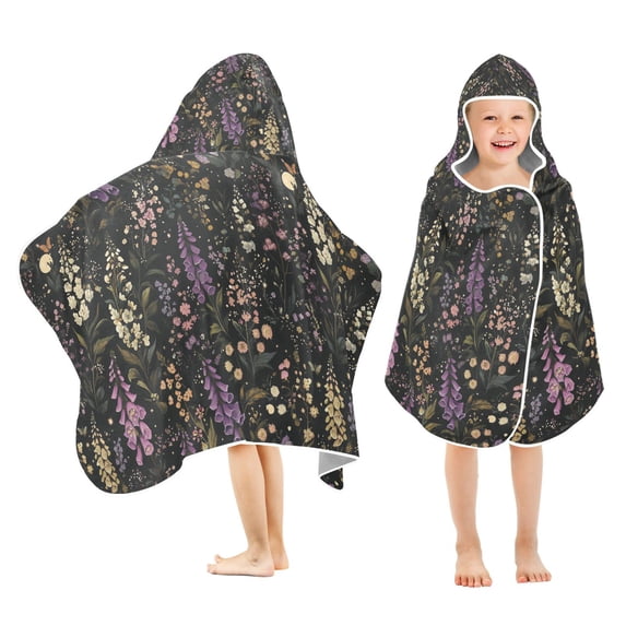 Yayeee Kids Hooded Towel with Hand Pockets Beach Soft Absorbent Bath Wrap 50 x 23.5 inch, Purple Floral Pattern